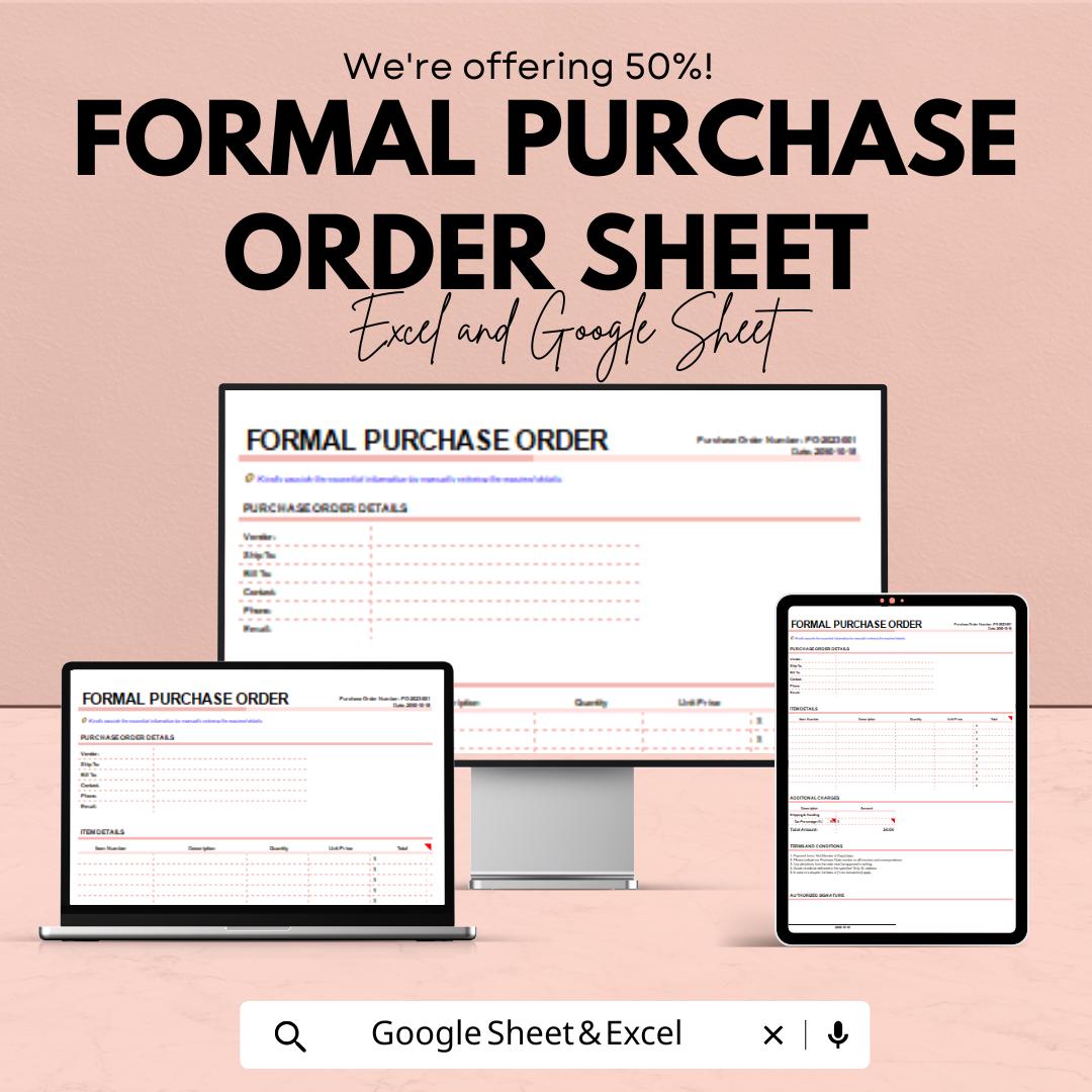 Formal Purchase Order Sheet | Fillable Excel & Google Sheet Template | Professional Procurement Template | Editable Order Form