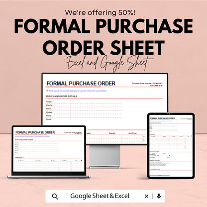 Formal Purchase Order Sheet | Fillable Excel & Google Sheet Template | Professional Procurement Template | Editable Order Form