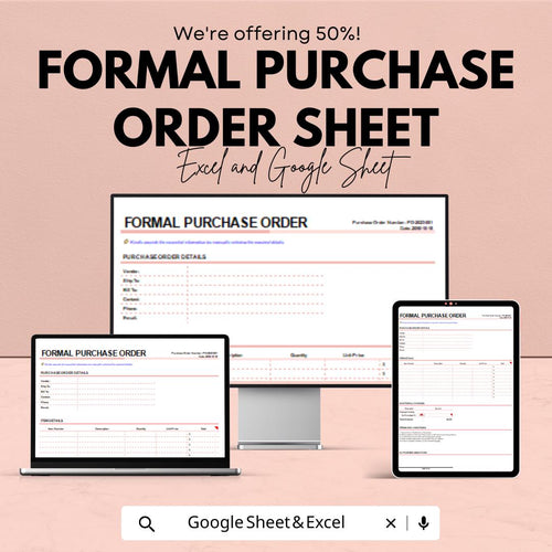 Formal Purchase Order Sheet | Fillable Excel & Google Sheet Template | Professional Procurement Template | Editable Order Form