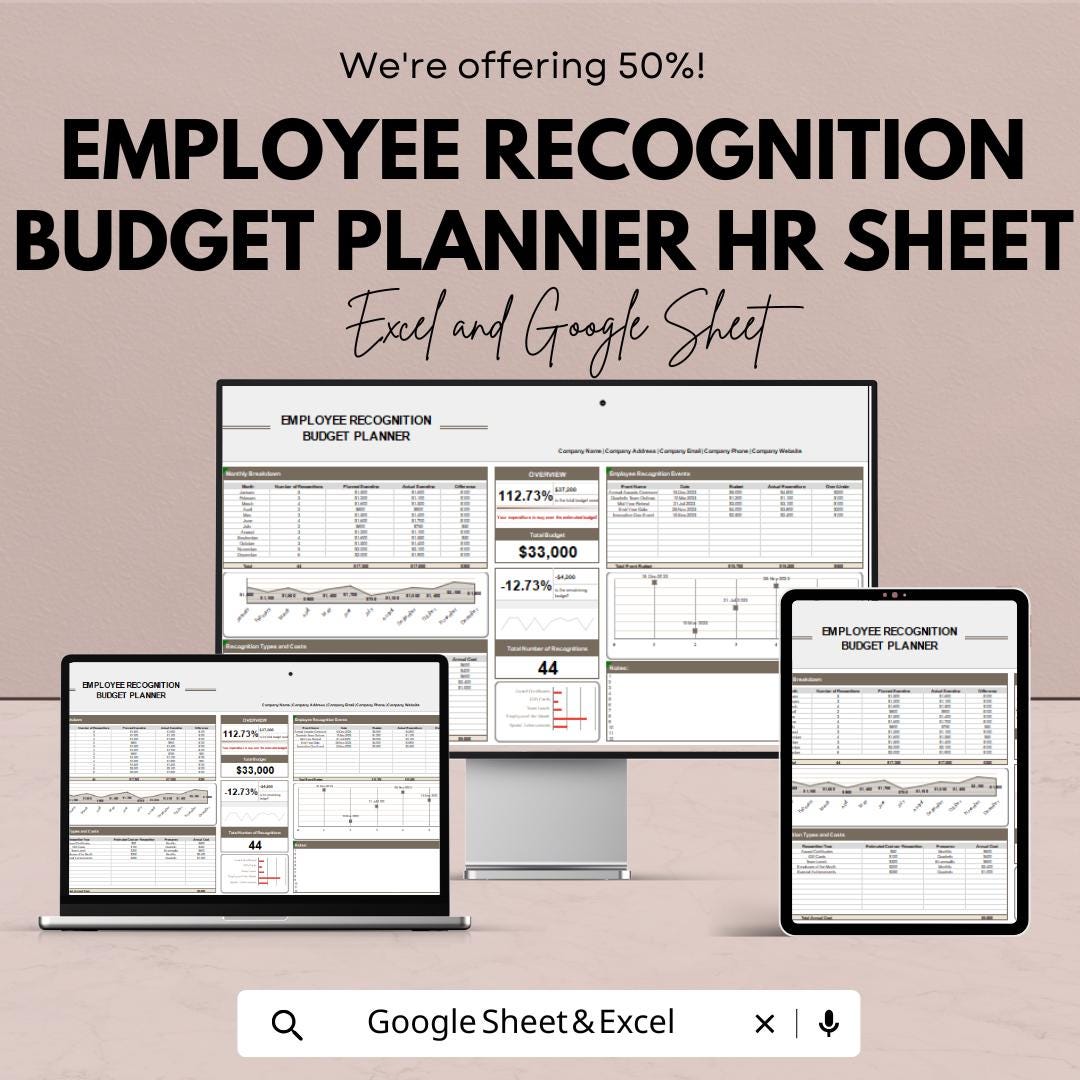 Employee Recognition Budget Planner HR Template - Google Sheets, Track Recognition Expenses, Budget Allocation, Employee Appreciation