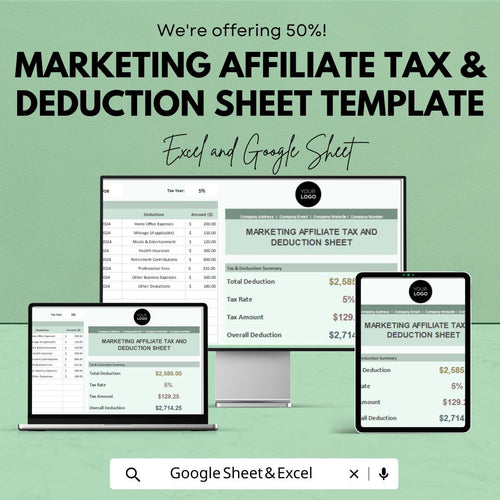 Marketing Affiliate Tax and Deduction Sheet Template | Affiliate Tax Tracker | Tax Deduction Spreadsheet | Excel & Google Sheets Template |