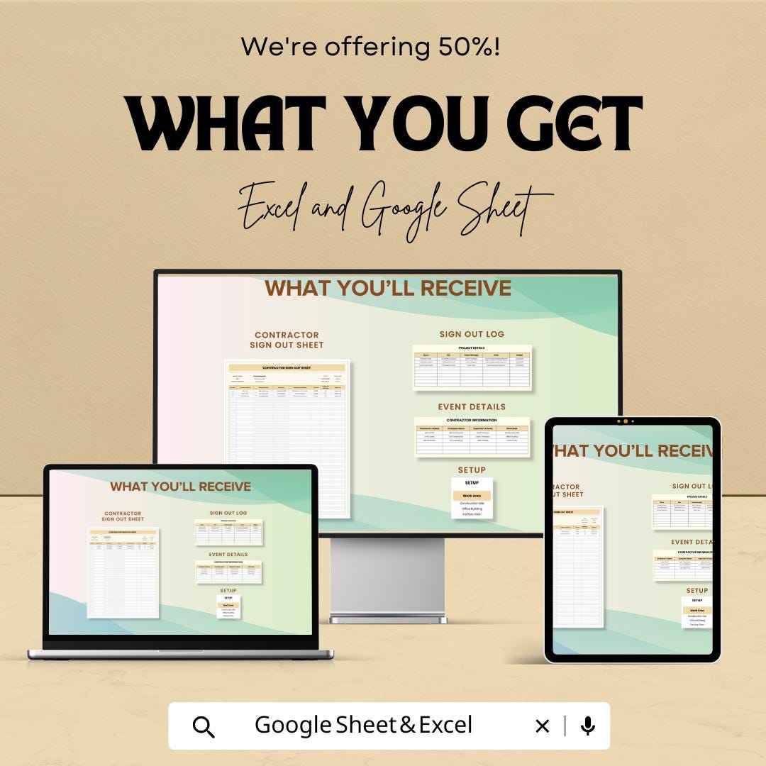 Contractor Sign Out Sheet Template | Google Sheets & Excel | Worksite Exit Log | Construction Sign Out Form | Job Site Attendance Record