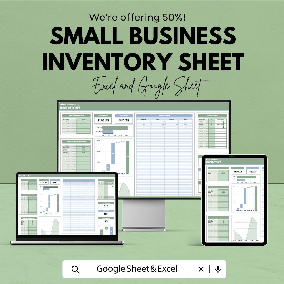 Small Business Inventory Sheet | Excel and Google Sheet Template | Inventory Management & Tracking Dashboard | For Small Business Owners