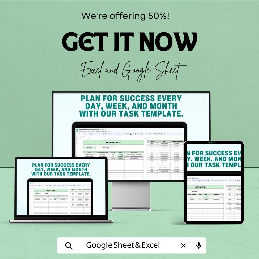Daily Weekly Monthly Task Template | Google Sheets Planner | Excel Task Tracker | Productivity Dashboard | Project Management Spreadsheet