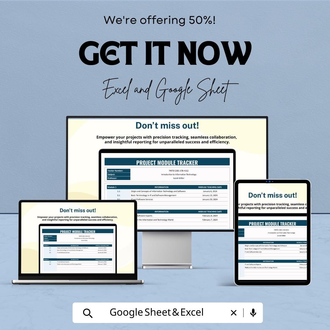 Project Module Tracker Template Excel and Google Sheets | Project Management Spreadsheet | Task & Progress Tracking Dashboard