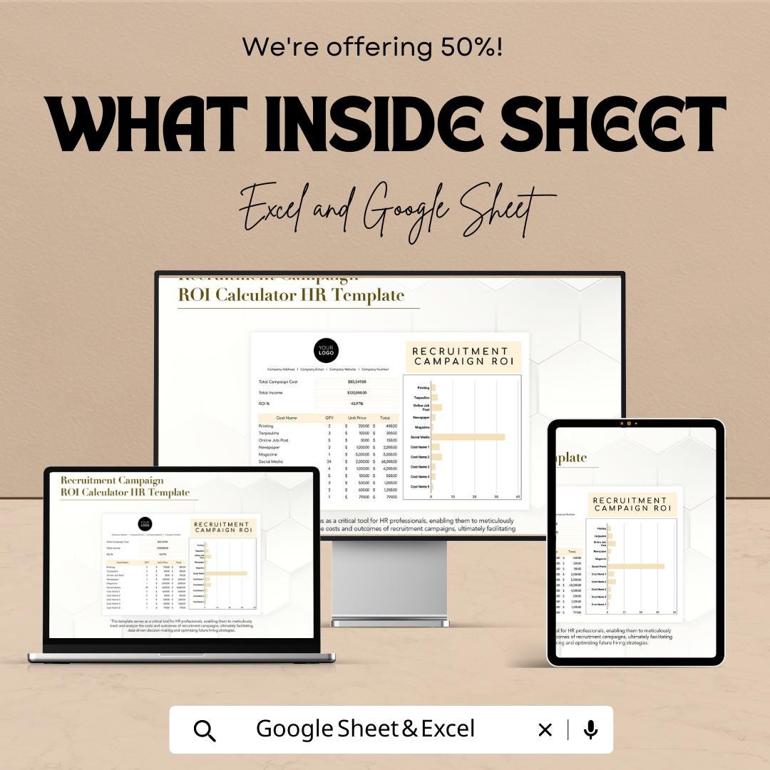 Recruitment Campaign ROI Calculator, HR Hiring Cost Template, Recruitment Budget Tracker, Hiring ROI Spreadsheet, Excel Google Sheets