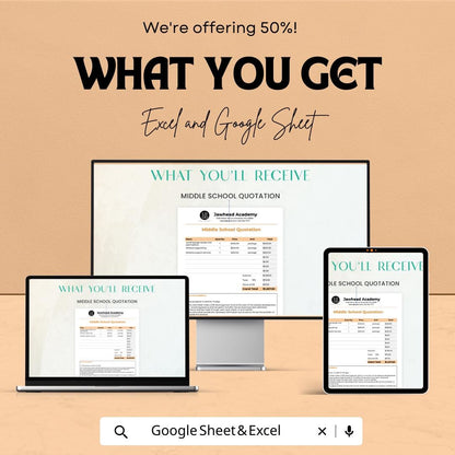 Middle School Quotation Sheet | Editable Excel & Google Sheets Template | Customizable Pricing Sheet for Schools | Instant Download