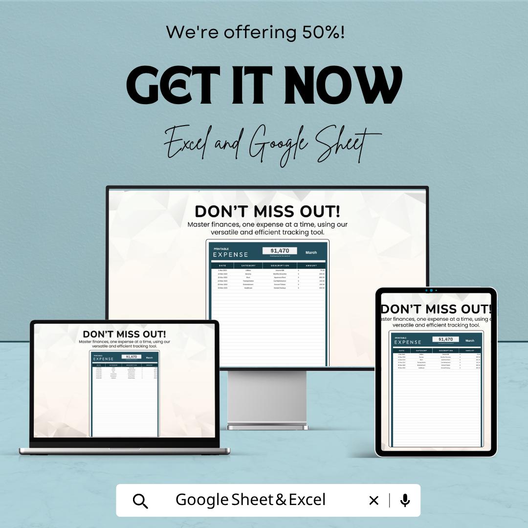 Printable Expense Template | Expense Tracker Spreadsheet | Budget Planner Template | Excel & Google Sheets | Financial Management Sheet |
