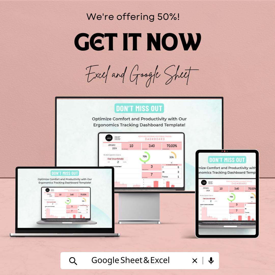 Workplace Ergonomics Assessment Tracking Dashboard | Google Sheet Template | Employee Comfort & Productivity Tracker | 50% Off!