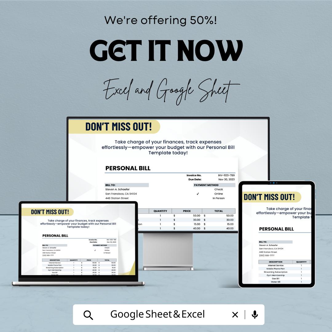 Personal Bill Sheet - Editable Excel & Google Sheet Template for Easy Expense Tracking
