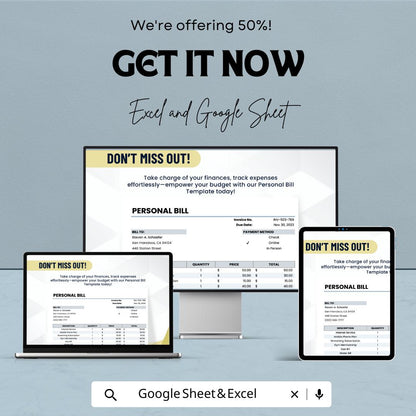 Personal Bill Sheet - Editable Excel & Google Sheet Template for Easy Expense Tracking