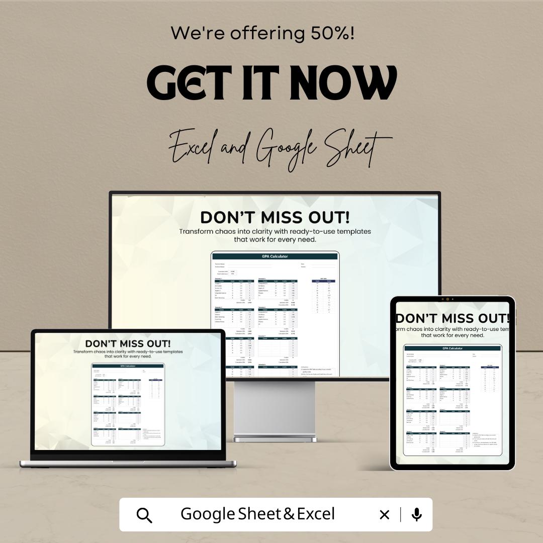 GPA Calculator Sheet | Excel and Google Sheet Template | Track Grades & Calculate GPA | Customizable | Easy to Use