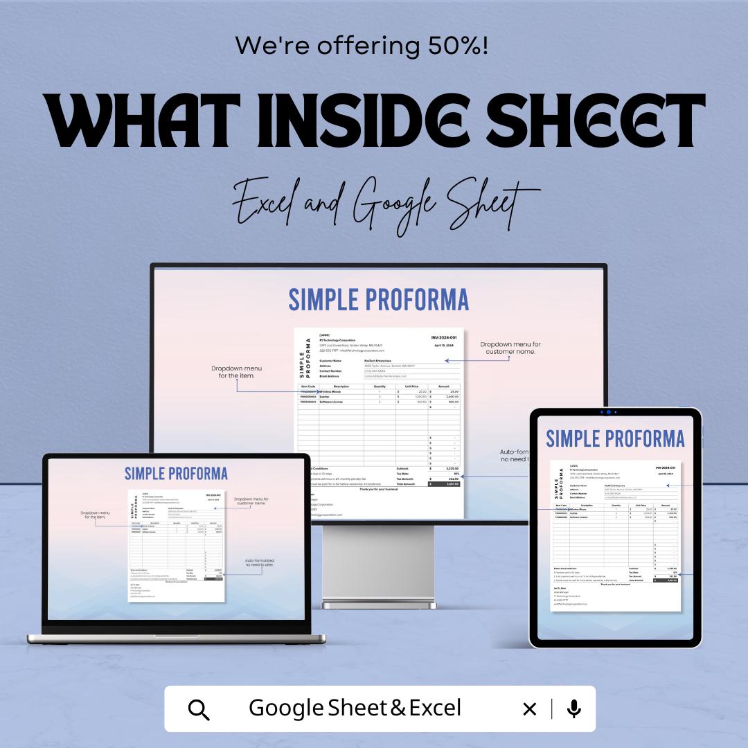 Simple Proforma Invoice Template | Google Sheets & Excel | Business Sales Quote Form | Editable Price Estimate | Professional Billing Format