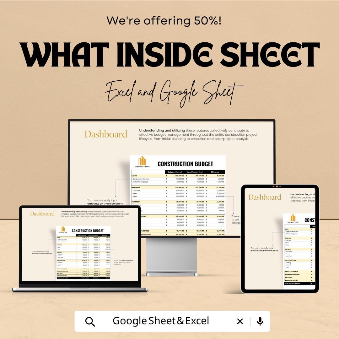 Construction Budget Spreadsheet, Project Cost Tracker, Builder Budget Template, Contractor Expense Sheet, Excel & Google Sheets Budget