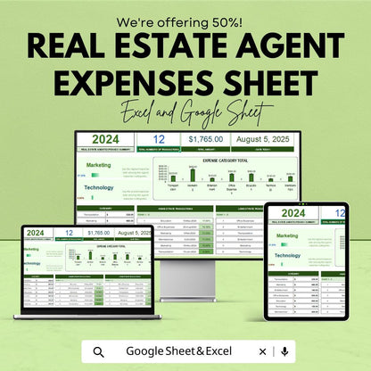 Real Estate Agent Expense Tracker | Property Management Financial Sheet | Google Sheets and Excel Template | Budget & Tax Planning Tool