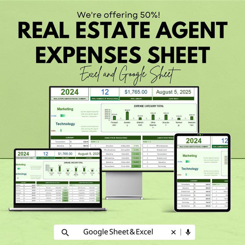 Real Estate Agent Expense Tracker | Property Management Financial Sheet | Google Sheets and Excel Template | Budget & Tax Planning Tool
