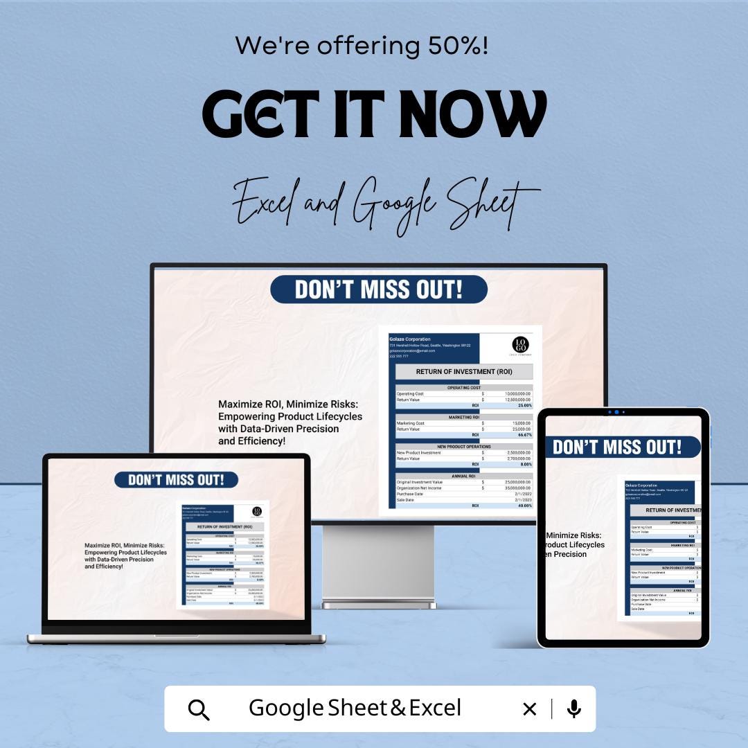 ROI Calculator for Product Lifecycle Management | Excel and Google Sheets Template | Cash Flow, Investment & Marketing ROI | 50% OFF