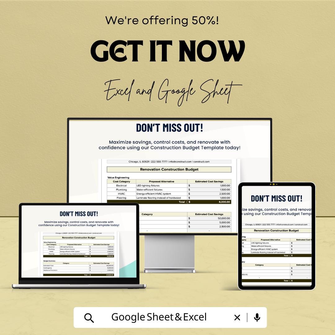 Renovation Construction Budget Template, Home Renovation Cost Tracker, Construction Budget Spreadsheet, Project Cost Planner
