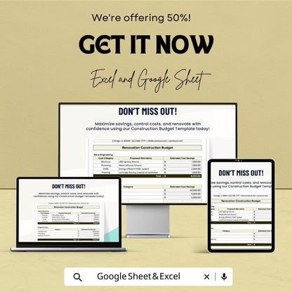 Renovation Construction Budget Template, Home Renovation Cost Tracker, Construction Budget Spreadsheet, Project Cost Planner