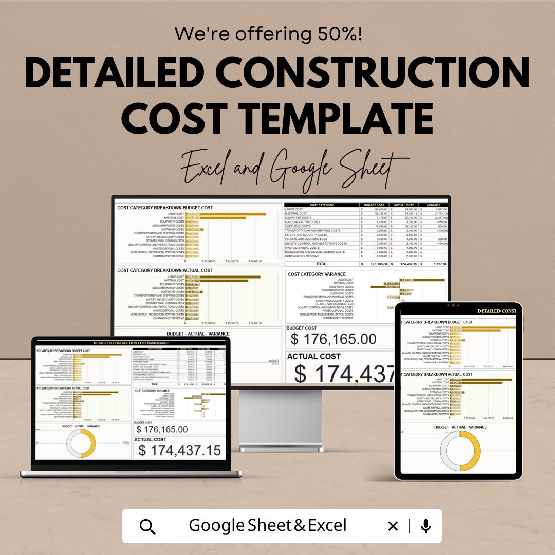 Detailed Construction Cost Template | Construction Budget Spreadsheet | Cost Breakdown and Variance | Excel & Google Sheets