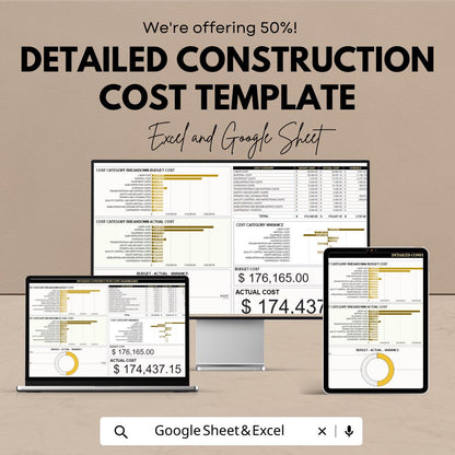Detailed Construction Cost Template | Construction Budget Spreadsheet | Cost Breakdown and Variance | Excel & Google Sheets