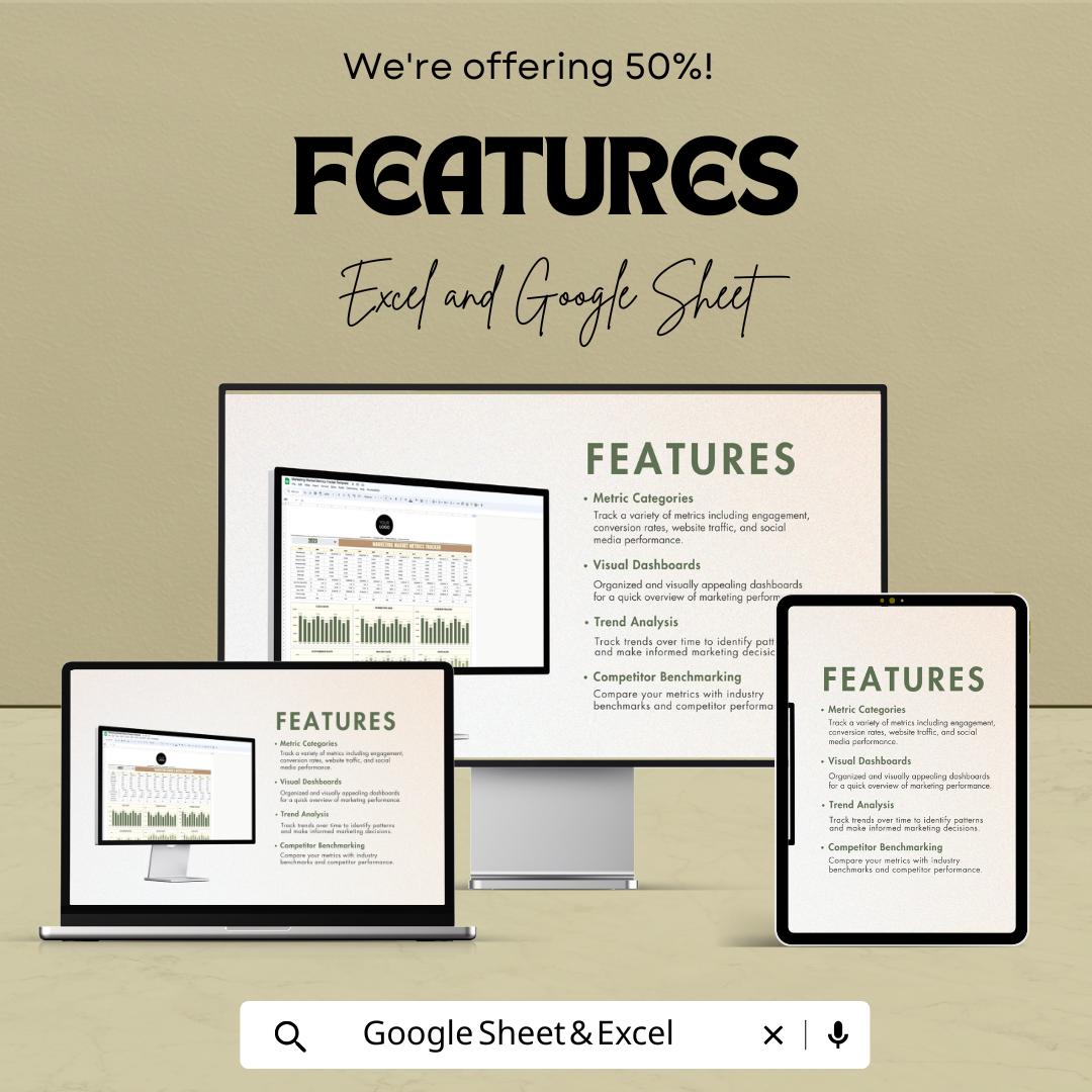 Marketing Market Metrics Tracker Sheet -Google Sheet - Marketing ROI Dashboard - Track Website Traffic & Conversion - Marketing Performance