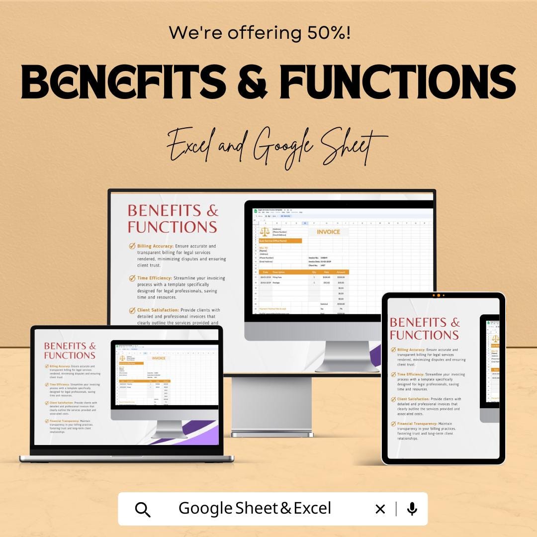 Legal Services Invoice Sheet | Google Sheet Template for Law Firms | Customizable Invoice Template | Legal Billing and Invoice Tracker |