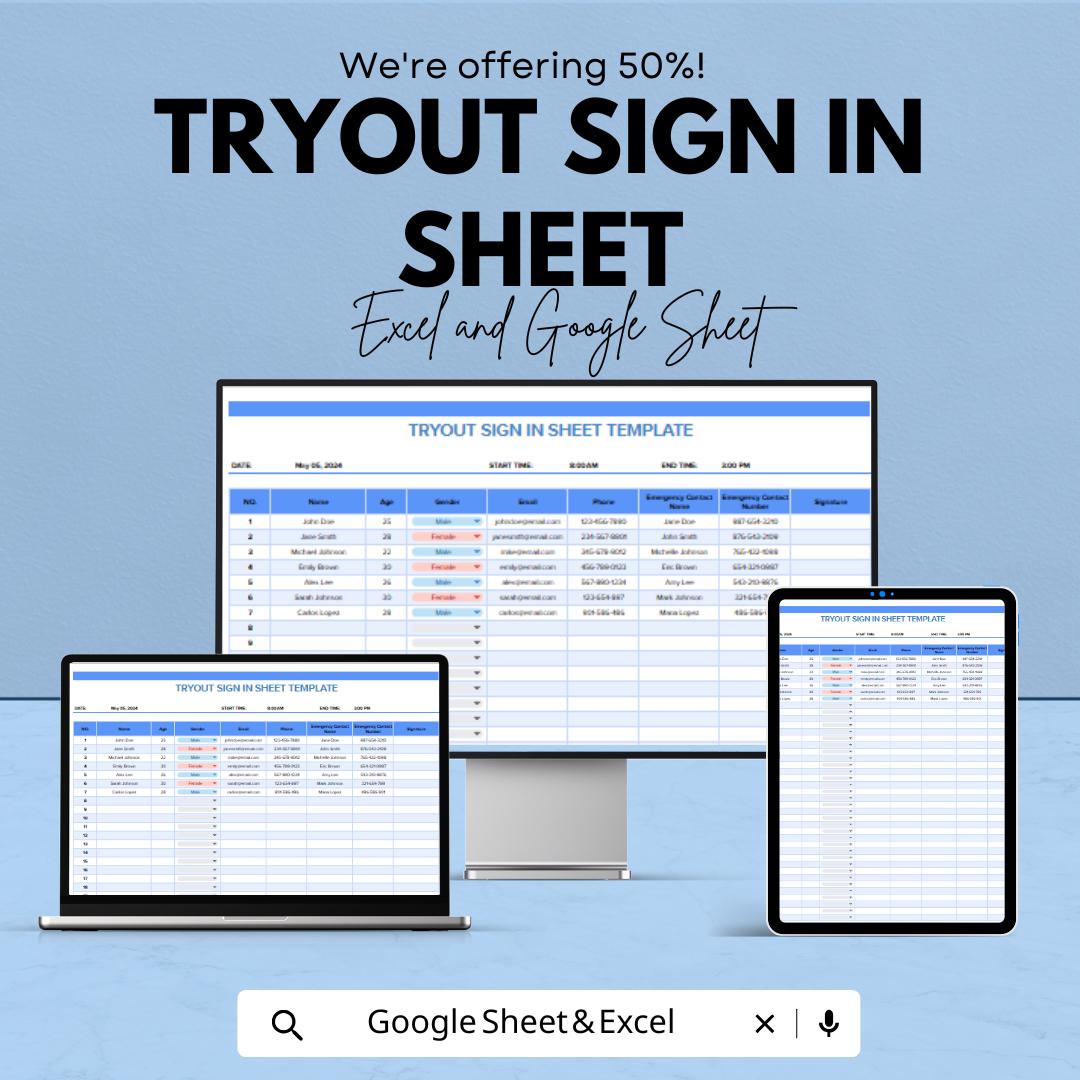 Tryout Sign-In Sheet | Sports Tryout Registration Template | Track Participants & Attendance | Excel and Google Sheets | Instant Download