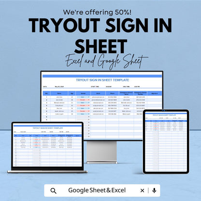 Tryout Sign-In Sheet | Sports Tryout Registration Template | Track Participants & Attendance | Excel and Google Sheets | Instant Download