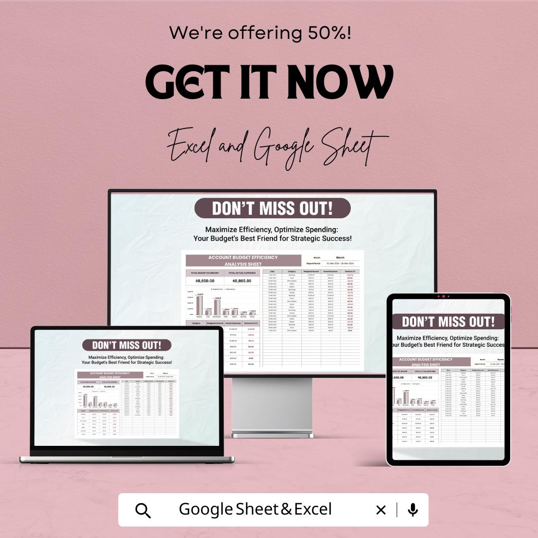 Account Budget Efficiency Analysis Sheet Template | Expense Tracker | Monthly Budget Planner | Financial Report Dashboard