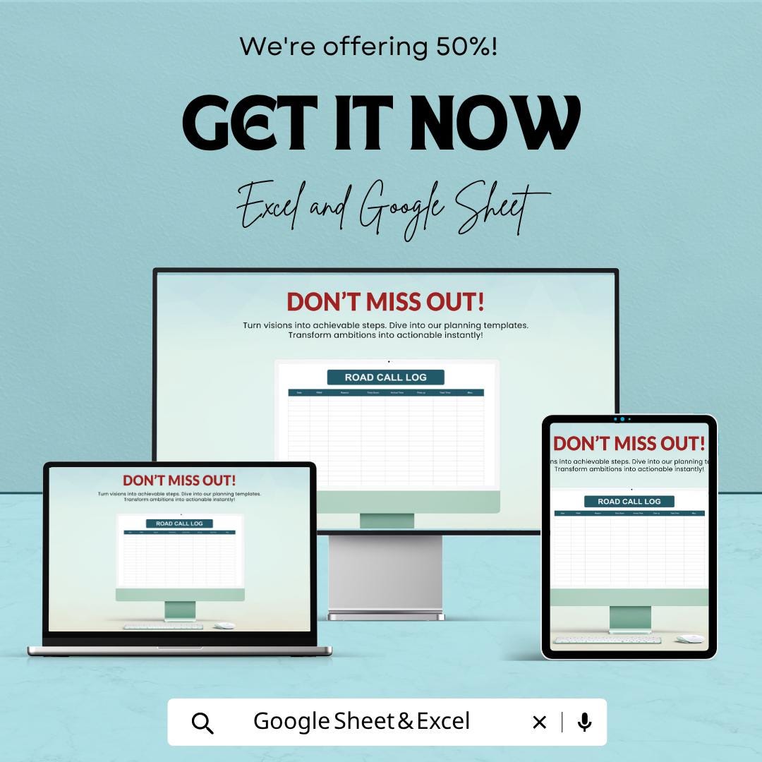 Road Call Log Template | Fleet Maintenance Tracker | Vehicle Downtime Log | Excel & Google Sheets | Dispatch and Service Record Spreadsheet