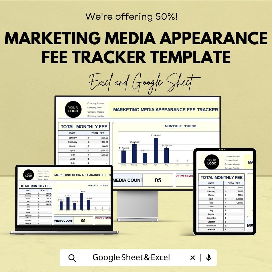 Marketing Media Appearance Fee Tracker Template | Media Engagement Log | Monthly Fee Tracker
