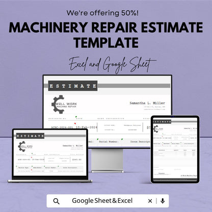 Machinery Repair Estimate Template Excel | Equipment Repair Quote Sheet | Service Estimate Invoice | Maintenance Cost Calculator