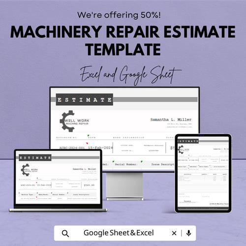 Machinery Repair Estimate Template Excel | Equipment Repair Quote Sheet | Service Estimate Invoice | Maintenance Cost Calculator