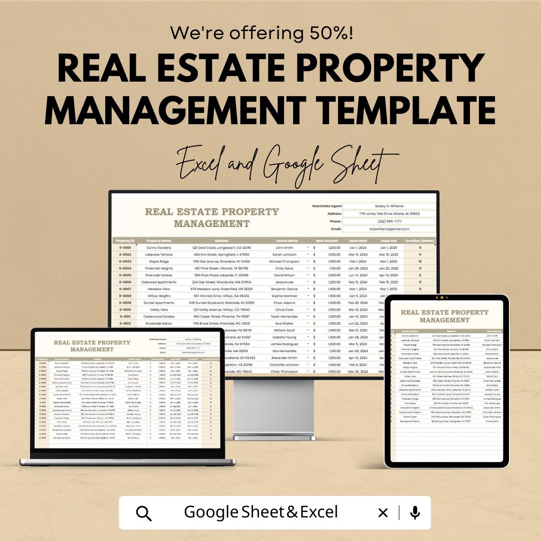 Real Estate Property Management Template, Rental Property Tracker, Landlord Spreadsheet, Tenant & Lease Manager, Excel Google Sheets