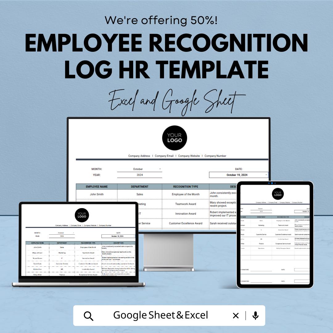 Employee Recognition Log HR Template, Excel & Google Sheets, Staff Appreciation Tracker, Employee Awards Log, HR Performance Spreadsheet