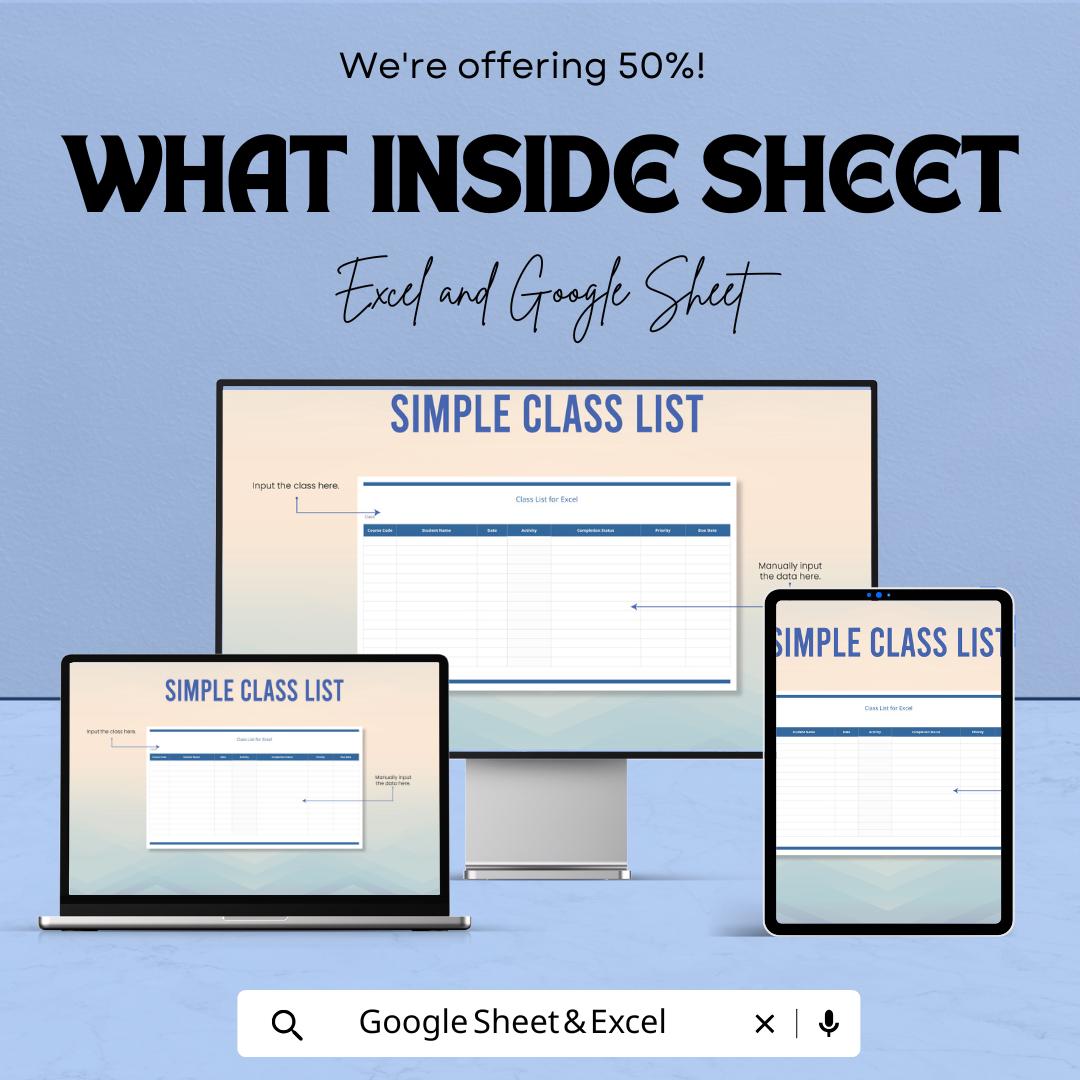 Simple Class List Template | Google Sheets & Excel | Student Tracker | Attendance Sheet | Teacher Planner | Digital Download