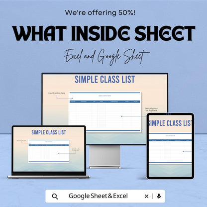 Simple Class List Template | Google Sheets & Excel | Student Tracker | Attendance Sheet | Teacher Planner | Digital Download