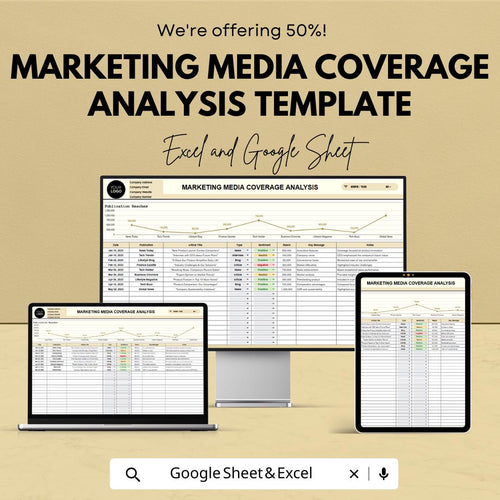 Marketing Media Coverage Analysis Template | PR Media Tracking Spreadsheet | Excel and Google Sheets | Brand Coverage & Sentiment Tracker