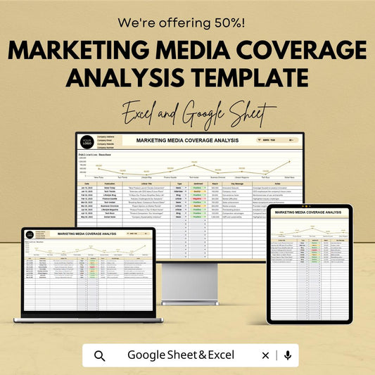 Marketing Media Coverage Analysis Template | PR Media Tracking Spreadsheet | Excel and Google Sheets | Brand Coverage & Sentiment Tracker