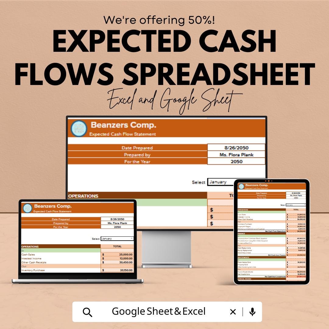 Expected Cash Flow Spreadsheet , 12 Month Cash Flow Forecast Template, Financial Projection Planner, Business Cash Flow Tool