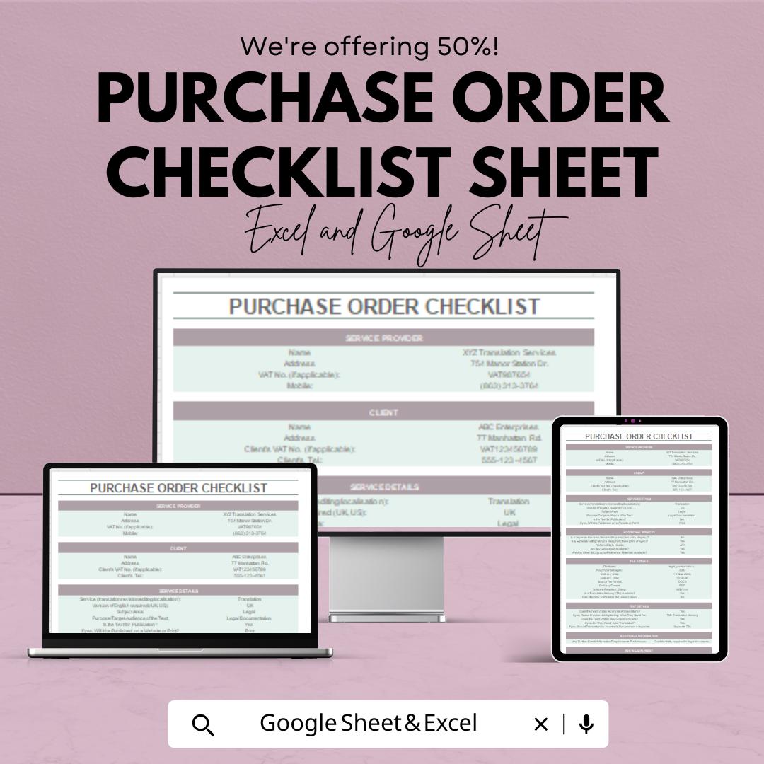Purchase Order Checklist Template | Google Sheets & Excel | Procurement Form | Order Tracking Sheet | Editable Instant Download