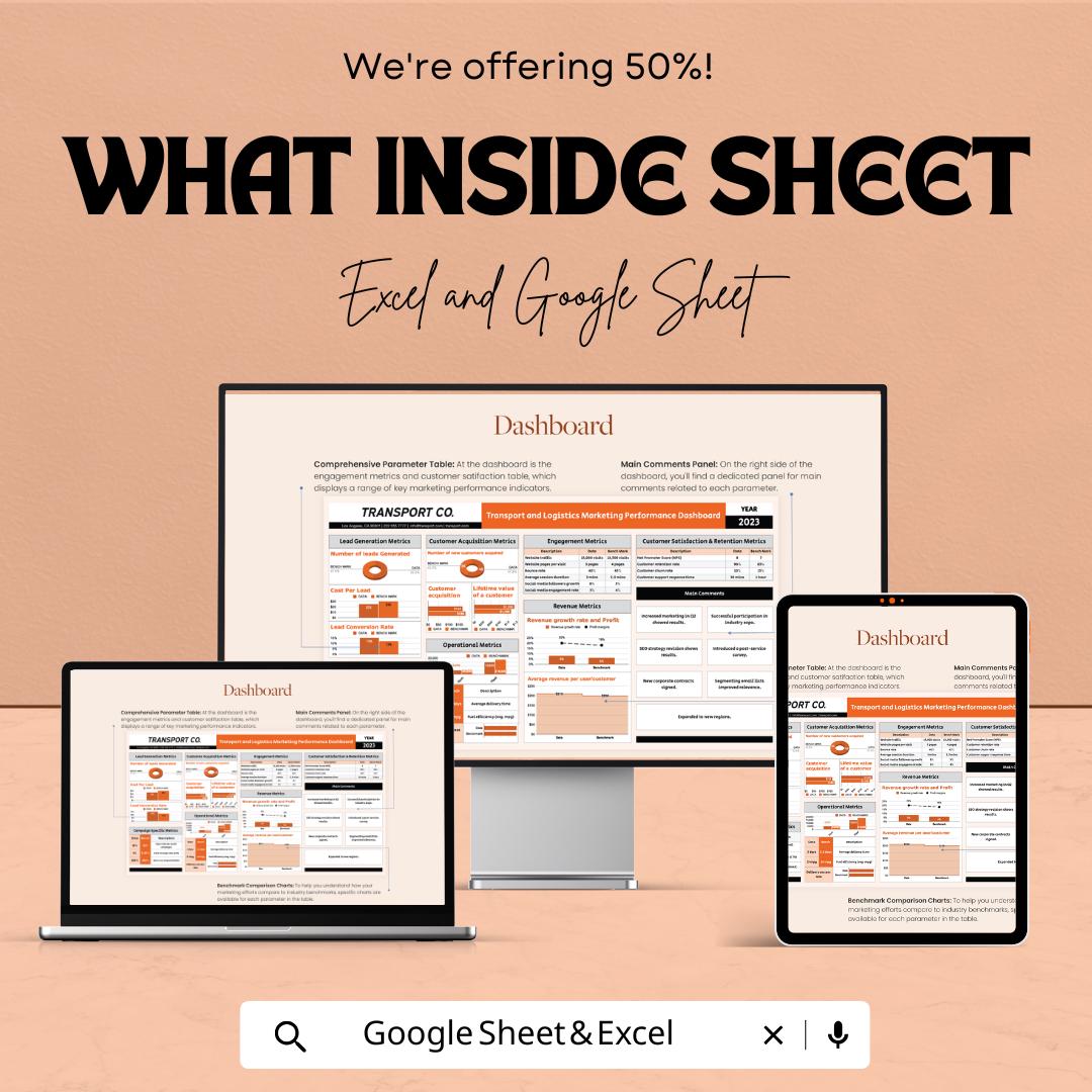Transport and Logistics Marketing Performance Dashboard Template | KPI Tracking Spreadsheet | Customer Acquisition & Engagement Metrics