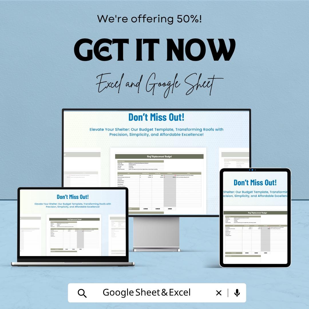 Roof Replacement Budget Template | Roofing Cost Estimator Spreadsheet | Roof Project Budget Planner | Excel & Google Sheets |