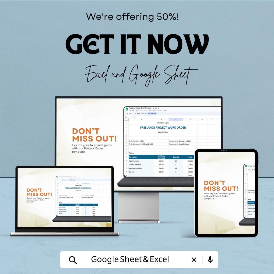 Freelance Project Order Template Excel | Work Order Template | Client Project Tracker | Invoice & Scope Agreement | Google Sheets Editable