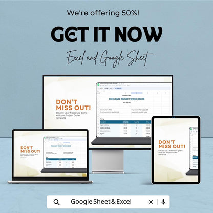Freelance Project Order Template Excel | Work Order Template | Client Project Tracker | Invoice & Scope Agreement | Google Sheets Editable