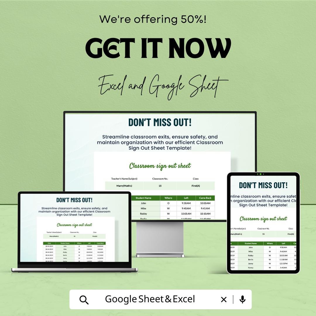 Classroom Sign Out Sheet | Excel & Google Sheets Template | Student Departure Tracker | Attendance Sheet | Teacher Sign Out Log