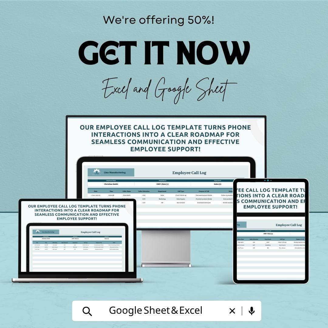 Employee Call Log Template | HR Communication Tracker | Staff Call Record Sheet | Excel & Google Sheets | Employee Interaction Log
