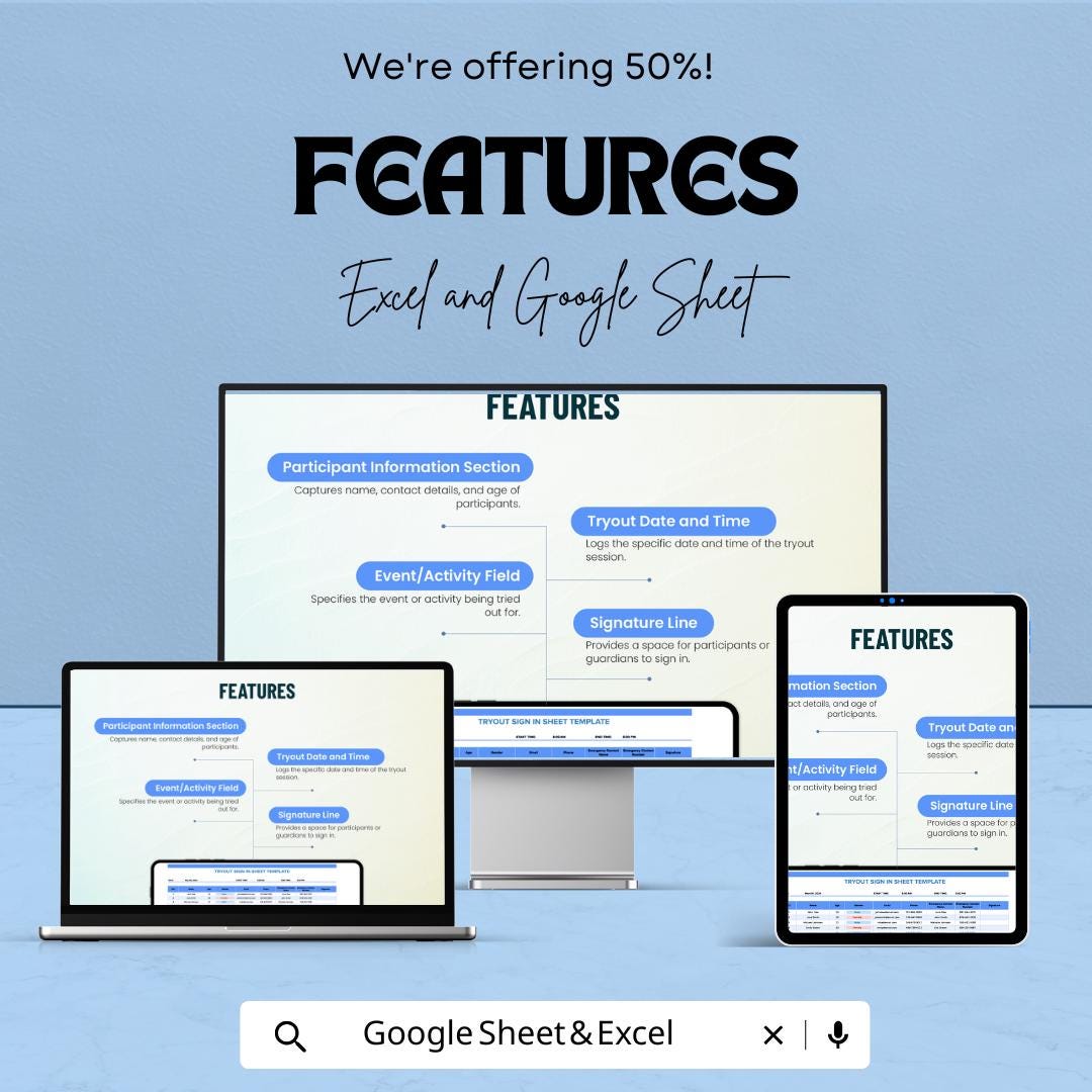 Tryout Sign-In Sheet | Sports Tryout Registration Template | Track Participants & Attendance | Excel and Google Sheets | Instant Download