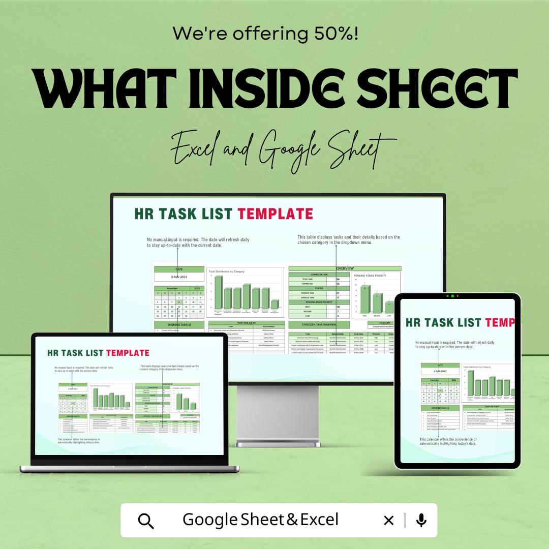 HR Task List Sheet - Excel and Google Sheet Template for HR Management | Track Tasks, Deadlines & Progress Efficiently